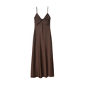 Detail view of the twisted knot chest design on this elegant silk satin brown midi dress - S / Coffee