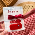 Close-up of red fabric bow hair clips and embroidered velvet barrette set on card - Red Crochet Heart & Flower Set 3Pcs
