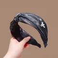 Black satin knotted headband with pearl bow detail and elegant lace trim for women - R85 Black Lace Pearl Bow Style