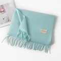 Sciarpa azzurra effetto cashmere a tinta unita con nappe e un'etichetta tessuta minimalista - Senza Etichetta / Blu Cristallo