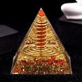 6cm Orgone crystal pyramid with gold wire coil, gold foil and red stones - P5 Red Jasper + Steel Coil