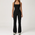 Women's black yoga set with square neck sports bra and flared leggings featuring side pockets - S / 2044 Vest + 2030-2 Flared Pants - Premium Black