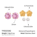 Detailed view of zircon, stainless steel flower, and pearl stud earrings set with sizes - Pink Zirconia Flower Pearl Style(YYE025382) / 3 Pairs Set