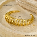 Detailed view of wide gold geometric cuff bracelet with dimensions and weight data - Heavy Spiral (NMSB-F354-1)