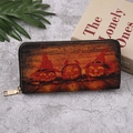 Long faux leather wallet with Halloween pumpkin print and golden metal zipper puller - 128H Vintage Wood Grain Pumpkin Style