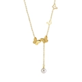 Elegant gold butterfly tassel necklace with pearl pendant on a minimalist white background - Gold