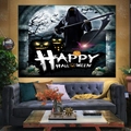 Detail of Halloween tapestry with grim reaper and pumpkins hung on a living room wall - WSJ009-Grim Reaper