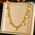 Close-up of gold stainless steel Cuban chain necklace with colorful crystal heart charms - White Heart Style (N3156)