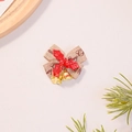 Detail view of linen Christmas bow with golden bells and Merry Christmas print - Linen with Red Leaves