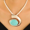 Silver twisted rope necklace featuring a large turquoise stone conch shell pendant - Silver Abstract Pendant Necklace with Turquoise (S71)