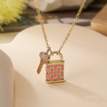 18K gold plated necklace featuring pink checkered lock and crystal heart key charms - Pink Checkerboard (24208)