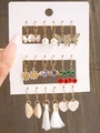 9-pair earring set featuring golden butterflies, pearls, and colorful floral patterns - Vacation Style Multi-Element Sweet Combination (54237)