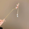 Golden hair pin with pink butterfly ornaments and white bead tassels on a soft background - 75# Hairpin - Gold - Pink