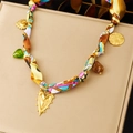 Bohemian silk scarf necklace with colorful print and golden heart pendant in a gift box - Colorful Silk Bohemian Heart Style (N3630)
