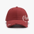 Distressed dark red baseball cap with white cursive letter embroidery and vintage finish - Adjustable / Red