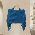 Blue macrame mini crossbody bag with wooden beads handle and long fringes - Blue