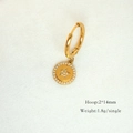 Detail view of gold hoop earring with star-etched shell pendant and size specifications - Star Inlaid
