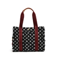 Grande borsa shopper a scacchi bianchi e neri con manici a righe rosse e fibbia a fiore - Scacchi Neri