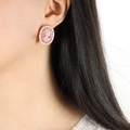 Pink cameo earrings with white pearls and gold finish on a model wearing lace - Gold Color Earrings (F766)