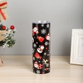 Macro shot of 20oz Christmas thermal tumbler with Santa patterns on wooden table - Black Background Full Print Christmas