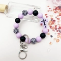 Silicone bead keychain wristlet with purple Jesus cross and leopard print beads - Purple