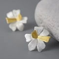 Artistic S925 silver petal stud earrings with gold stamen and matte brushed finish - Silver and Gold Two-tone