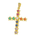 Gold cross pendant with colorful star-shaped stones in red, green, blue and purple - Pendant 28-X1782 (Gold Star Rainbow Stone Cross)