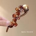 Barrette banane rétro française avec fleurs en résine marron et perle dorée - Pince Banane Fleur / Environ 10,5 cm / Motif Ethnique Café