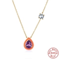 925 Sterling Silver necklace with purple drop gemstone and orange enamel pendant - Gold-Dark Purple Zirconia