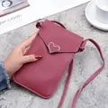 Compact pink leather touchscreen phone bag featuring a gold heart metal clasp buckle - Deep Pink