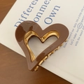 Elegant heart-shaped hair claw in glossy dark brown with golden metal frame - Brown 6cm