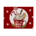 Dettaglio tovaglietta natalizia in lino rosso con motivo cacao e fiocchi di neve bianchi - CD27-2 (Tazza di cioccolata calda) / 30*45CM Cotone Lino