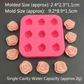 Macro detail of pink 9-cavity rose silicone mold with finished resin flower measurements - 9 Cavities Rose 2.3CM / Pink
