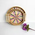 Handwoven rattan shell tray set with colorful sunburst patterns and wooden handles - Rainbow / Three-Piece Set