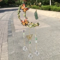 Handmade moon wind chime with green crystals, metal leaves, and clear crystal ball pendants - Gold Green Leaf - Green Aventurine