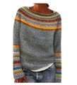 Grey knit sweater featuring colorful bohemian geometric patterns on collar and cuffs - 3XL / Tops / Yellow Jacquard
