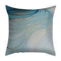 Close-up of short plush cushion cover with blue and gold fluid marble texture patterns - Peacock Blue Marble