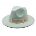 Mint green wool fedora hat with a woven band and a golden M logo embellishment - Mint Green