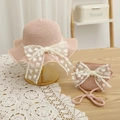 Pink straw hat and matching bag set with lace heart bows for kids' beach sun protection - 52cm 3-6 Years / Set-Pink