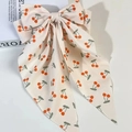 Lazo para el pelo con estampado de cerezas y cintas largas en color blanco crema - Fondo Beis Estampado de Cerezas / Beige