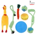 7-pack dog chew toy set including cotton rope, squeaky chicken, burger and blue frisbee - 7-Piece Set (B91120)