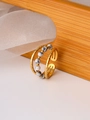 Detail view of gold triple-layer open ring featuring hammered texture and marble beads - Adjustable Open / Brown
