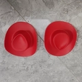 Top view of two mini red cow-pattern plastic cowboy hats for doll DIY accessories - Red Cowboy Hat (5.4cm)