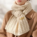 Thick knit winter scarf in beige cream with handmade leather tag for women - Beige Label Scarf