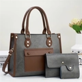 Three-piece retro textured tote bag set with clutch and card holder in dark grey leather - Gray