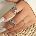 Ensemble de 3 bagues argentées vintage avec texture lave, torsade et chiffres romains - Style Enroulé à Chiffres Romains Multicouche (5371) / Ensemble de 3 / Argent antique