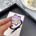 Purple crystal lotus flower hair tie with high elastic black band and gold accents - Large / Purple