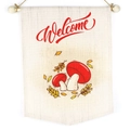 Beige cotton linen Welcome wall hanging flag with autumn mushroom and leaf print - Autumn Mushrooms