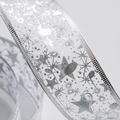 Silver Christmas ribbon with sparkling star and snowflake patterns on translucent mesh - 5cm Wide / White Silver