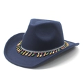 Close-up of ethnic geometric band and colorful wooden bead tassels on navy wool fedora hat - M (56-58cm) / Navy Blue